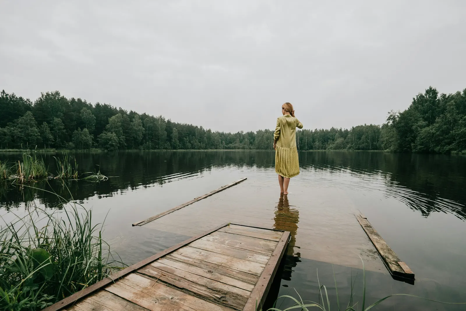 Une femme, de dos, contemple un lac calme bordé de forêt depuis un quai.